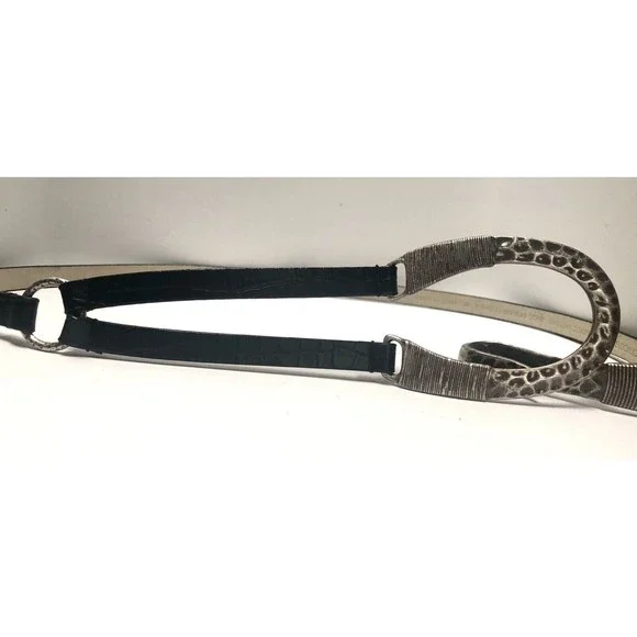 Chicos Black Leather Hip Belt Adjustable Pewter Boho Horseshoe Buckle M/L 31-44” - Picture 2 of 16
